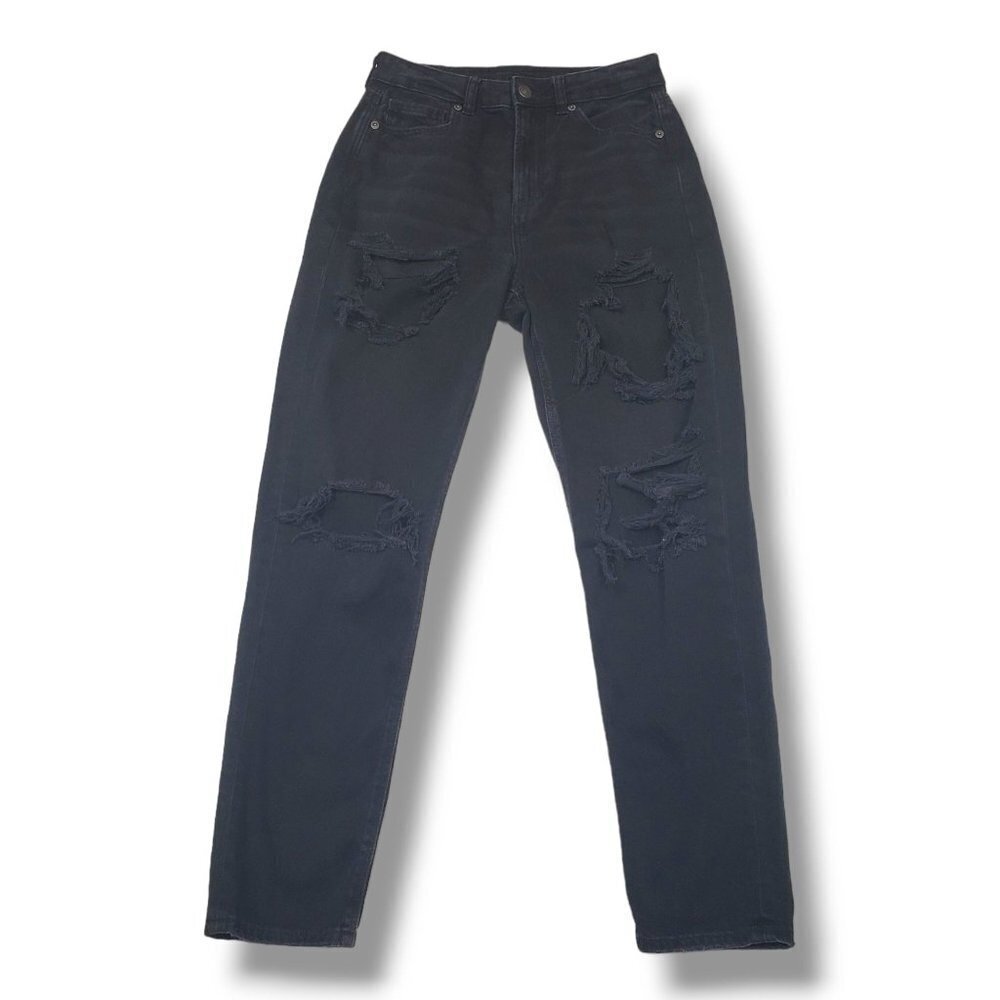American Eagle Mom Jeans Womens 0 Black‎ Distressed Ripped High Rise